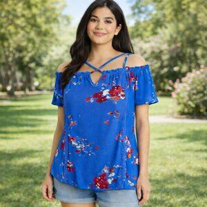 Strappy Off Shoulder Floral Cobalt Blue Flowy Top M